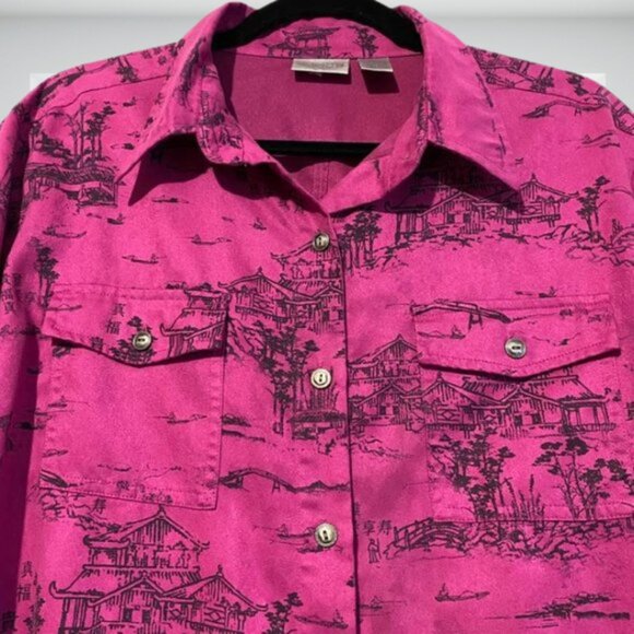 Chico's Large Pink Black Asian Scene Print Tunic Shirt Blouse Long Sleeve Button - Picture 3 of 10